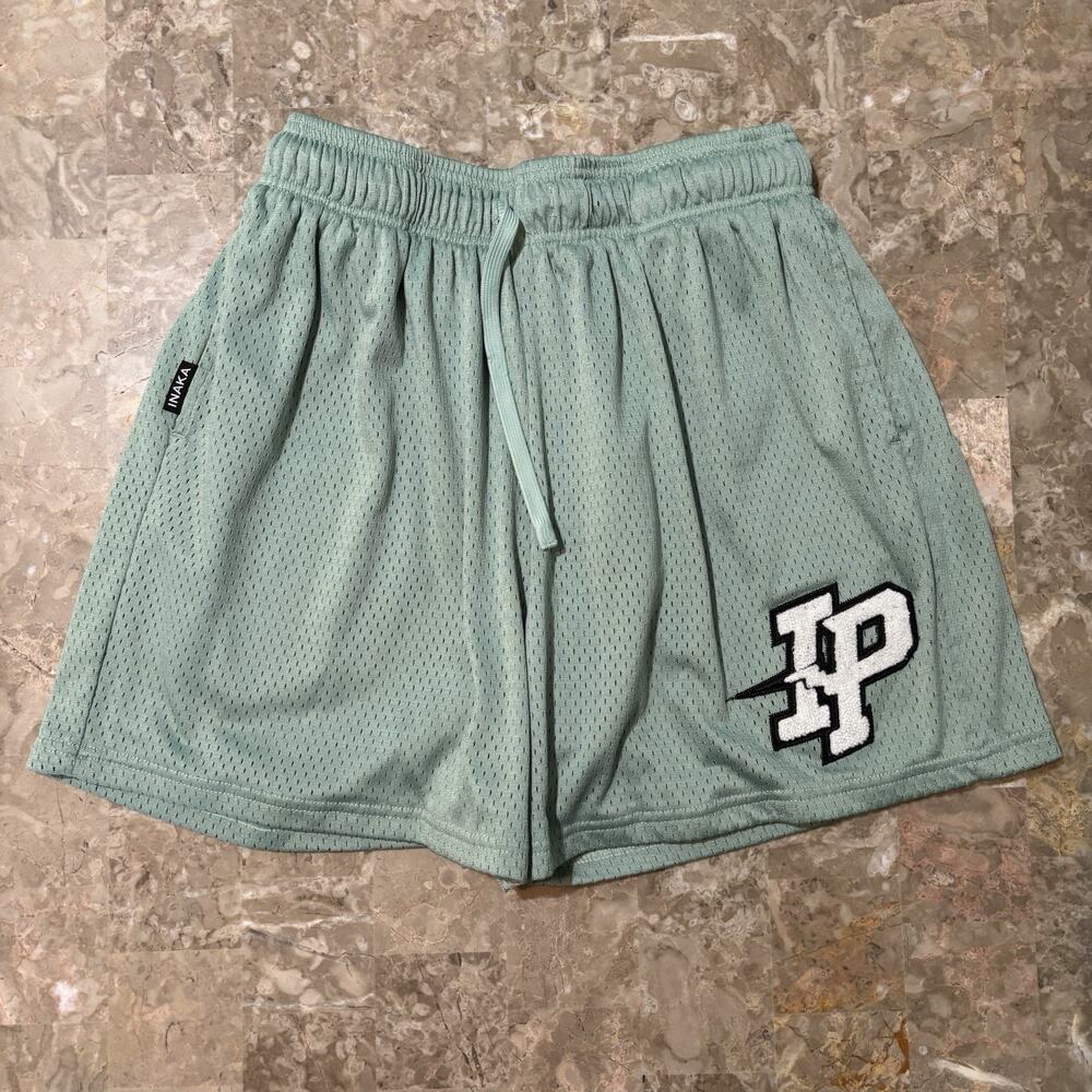 Inaka Power Shorts Mens Large Green Elastic Waist Drawstring 5" Mesh Flowy